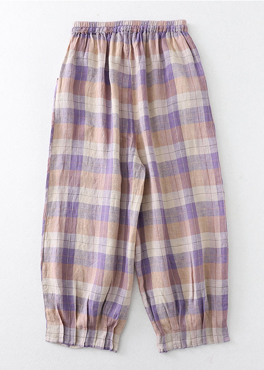 Übergroße Leinen Schöne Haremshose Plaid Colorblock Sommer