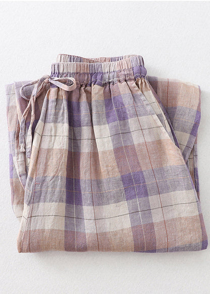 Übergroße Leinen Schöne Haremshose Plaid Colorblock Sommer