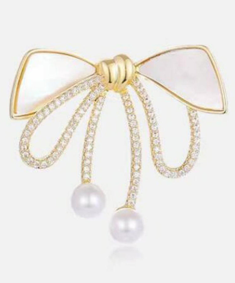 Beautiful Gold Sterling Silver Alloy Zircon Bow Pearl Brooches WP005