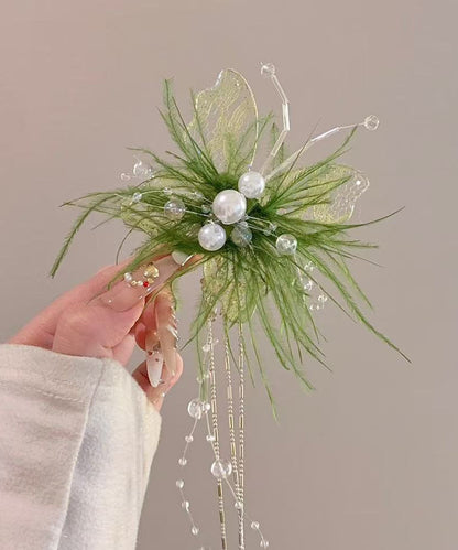 Beautiful Lace Hairpin Green Butterfly Feather Pearl Tassel