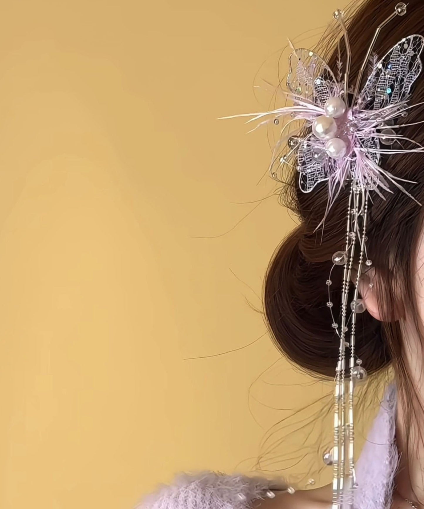 Beautiful Lace Hairpin Green Butterfly Feather Pearl Tassel