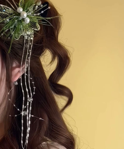 Beautiful Lace Hairpin Green Butterfly Feather Pearl Tassel