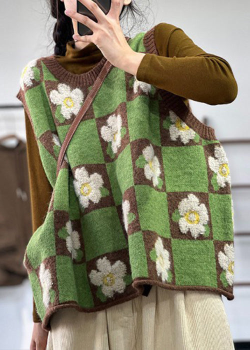 Schöne grüne übergroße Strickwesten mit Blumenmuster für den Winter OO012