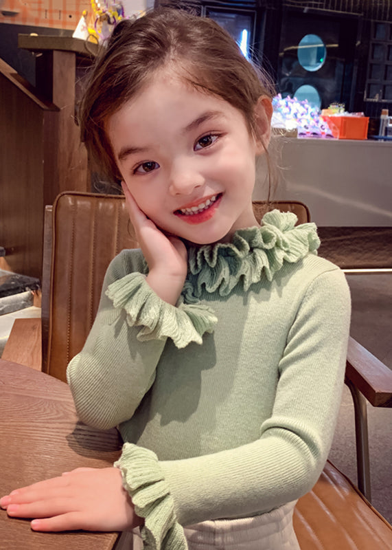 Magnifique pull patchwork vert en coton pour fille, manches pétales, TP041