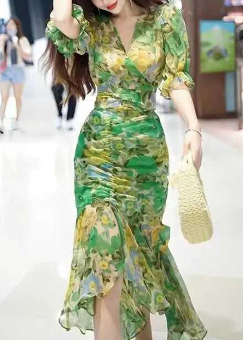 Beautiful Green V Neck Print Patchwork Chiffon Long Dress Summer XX051