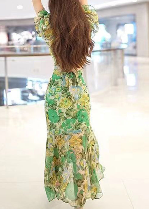 Beautiful Green V Neck Print Patchwork Chiffon Long Dress Summer XX051