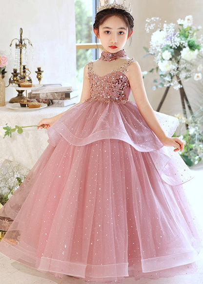 Belles robes longues en tulle patchwork à paillettes grises pour enfants été QV011