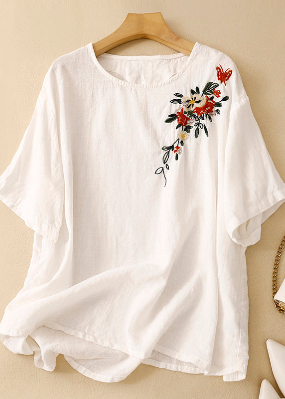 Beautiful Khaki O Neck Embroidered Linen T Shirts Summer AM1038