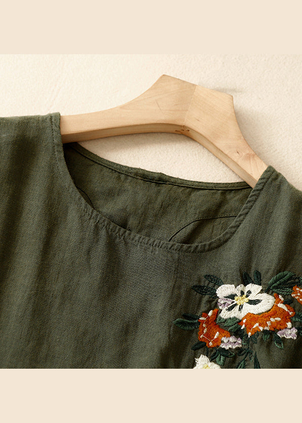 Beautiful Khaki O Neck Embroidered Linen T Shirts Summer AM1038