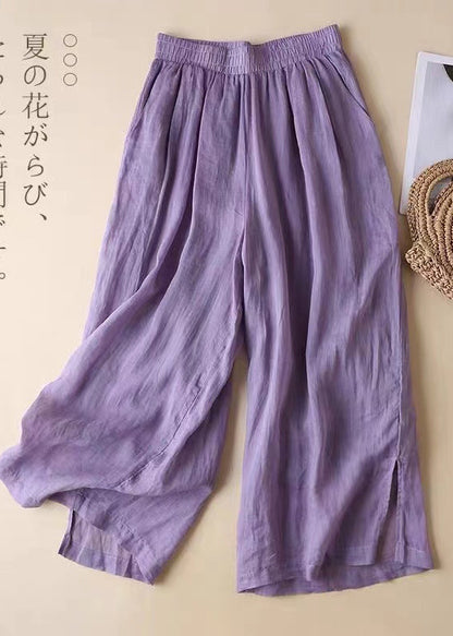 Pantalon élastique magnifique taille ouverte lavande droit lin côté
