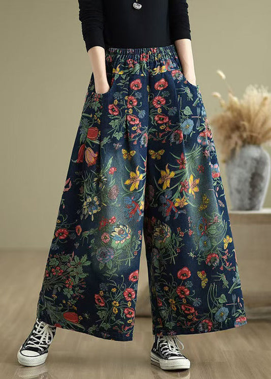 Pantalon en jean à jambes larges et imprimé bleu marine surdimensionné pour l'été