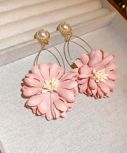 Boucles d'oreilles pendantes en tissu perlé et chrysanthème rose II011