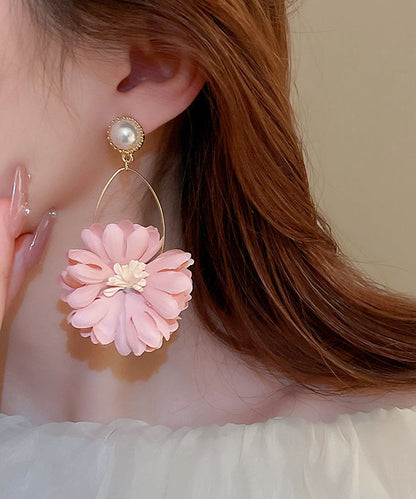 Boucles d'oreilles pendantes en tissu perlé et chrysanthème rose II011