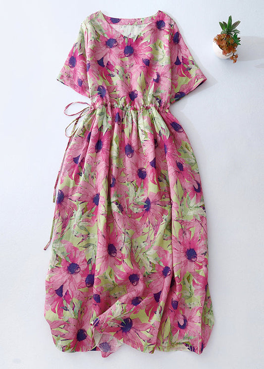 Schöne Sommerferien Print Cinched Kleider Rosa Leinen