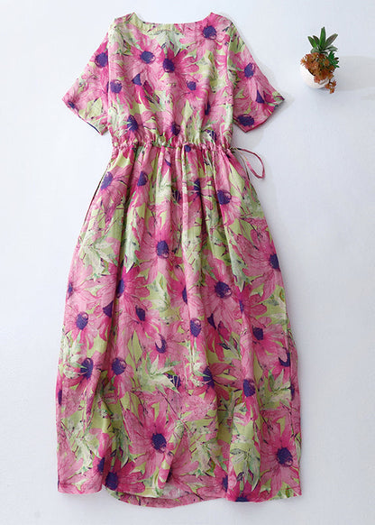 Schöne Sommerferien Print Cinched Kleider Rosa Leinen