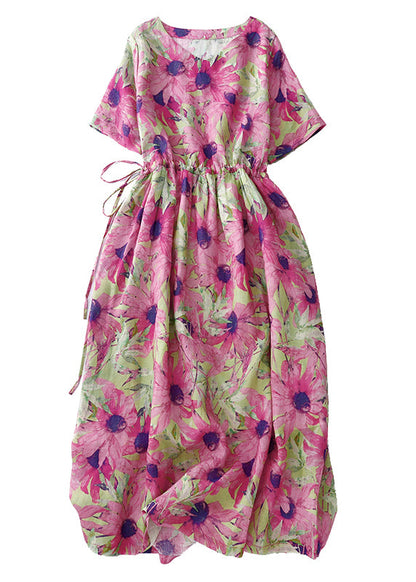 Schöne Sommerferien Print Cinched Kleider Rosa Leinen