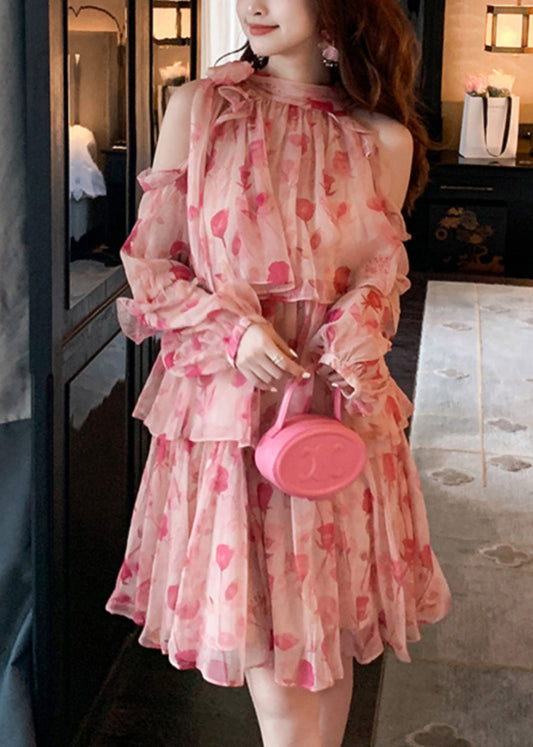 Chiffon Schöne Kalt Mid Kleid Rosa Druck Sommer Schulter