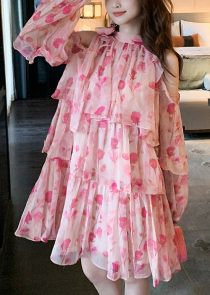 Chiffon Schöne Kalt Mid Kleid Rosa Druck Sommer Schulter