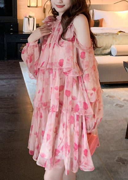 Chiffon Schöne Kalt Mid Kleid Rosa Druck Sommer Schulter