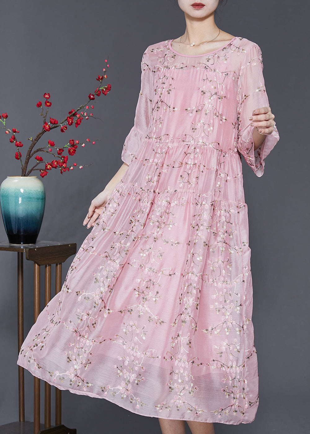 Beautiful Pink Embroidered Silk Party Dress Bracelet Sleeve SD1092