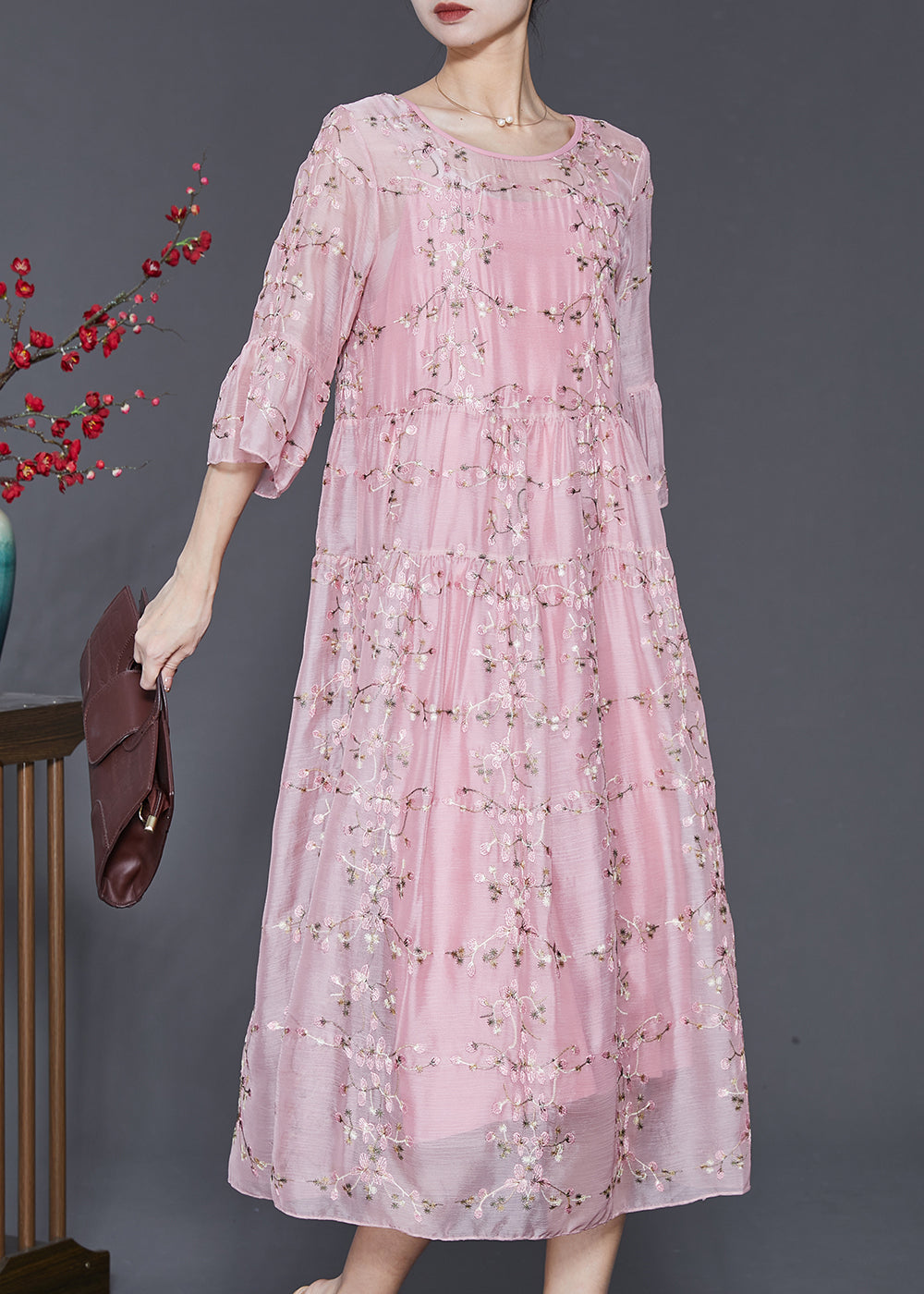 Beautiful Pink Embroidered Silk Party Dress Bracelet Sleeve SD1092