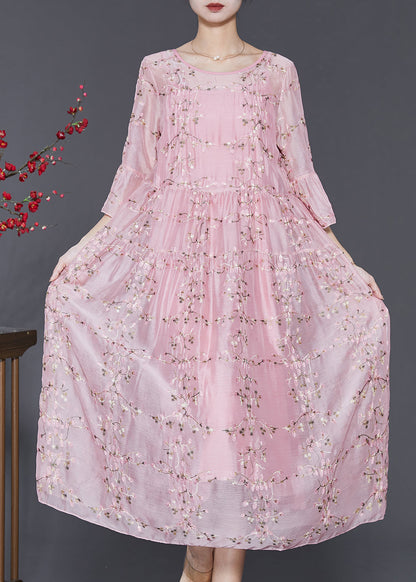 Magnifique robe de soirée en soie brodée rose avec manches bracelet SD1092