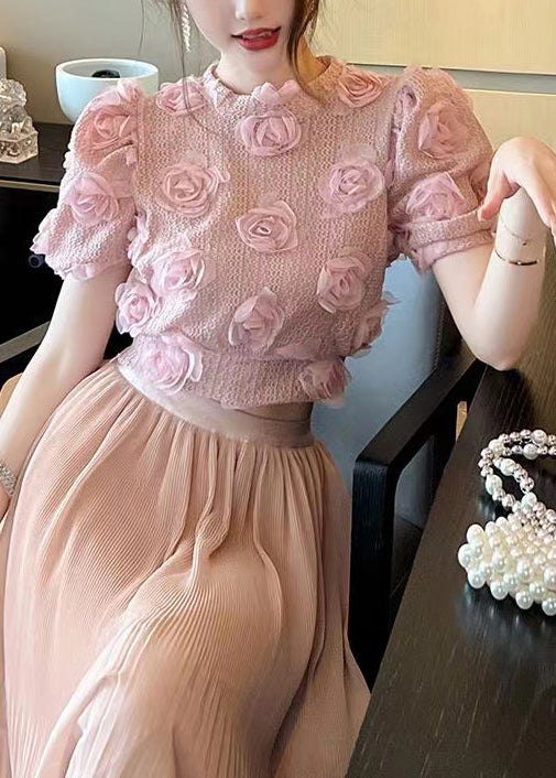 Magnifique haut en tricot ajouré à fleurs roses pour l'été WK033