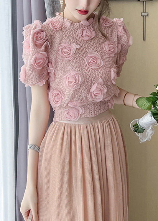 Magnifique haut en tricot ajouré à fleurs roses d'été WX021