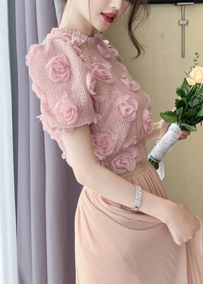 Magnifique haut en tricot ajouré à fleurs roses d'été WX021