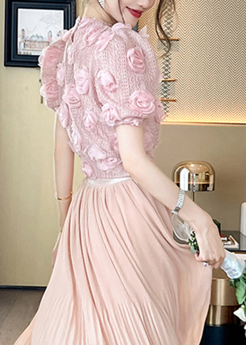 Beautiful Pink Floral Hollow Out Knit Top Summer WK033