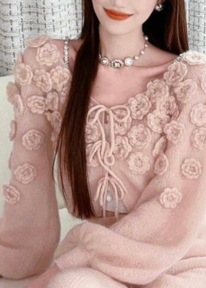 Magnifiques pulls en tricot à lacets à motifs floraux roses pour l'automne WO035