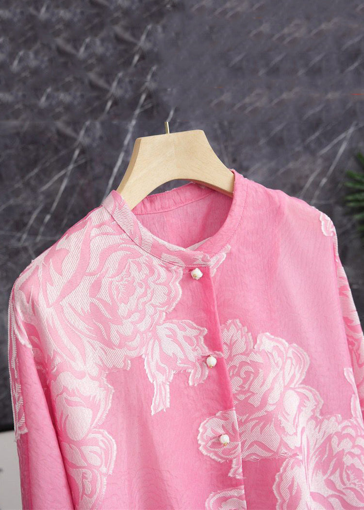 Beautiful Pink O Neck Button Print Silk Shirt Long Sleeve Ada Fashion