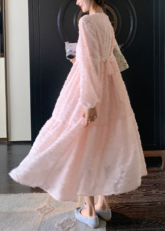 Schöne Rosa O-Ausschnitt Patchwork Spitze Langes Kleid Frühling TA039