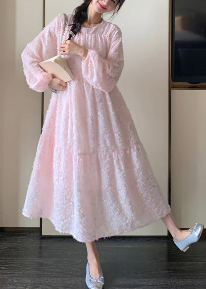 Belle robe longue rose à col rond en dentelle patchwork, printemps TA039