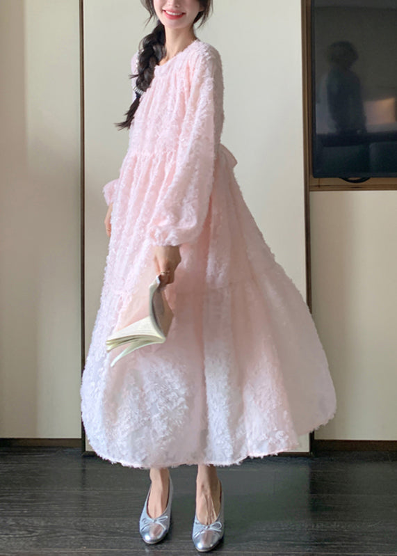 Belle robe longue rose à col rond en dentelle patchwork, printemps TA039