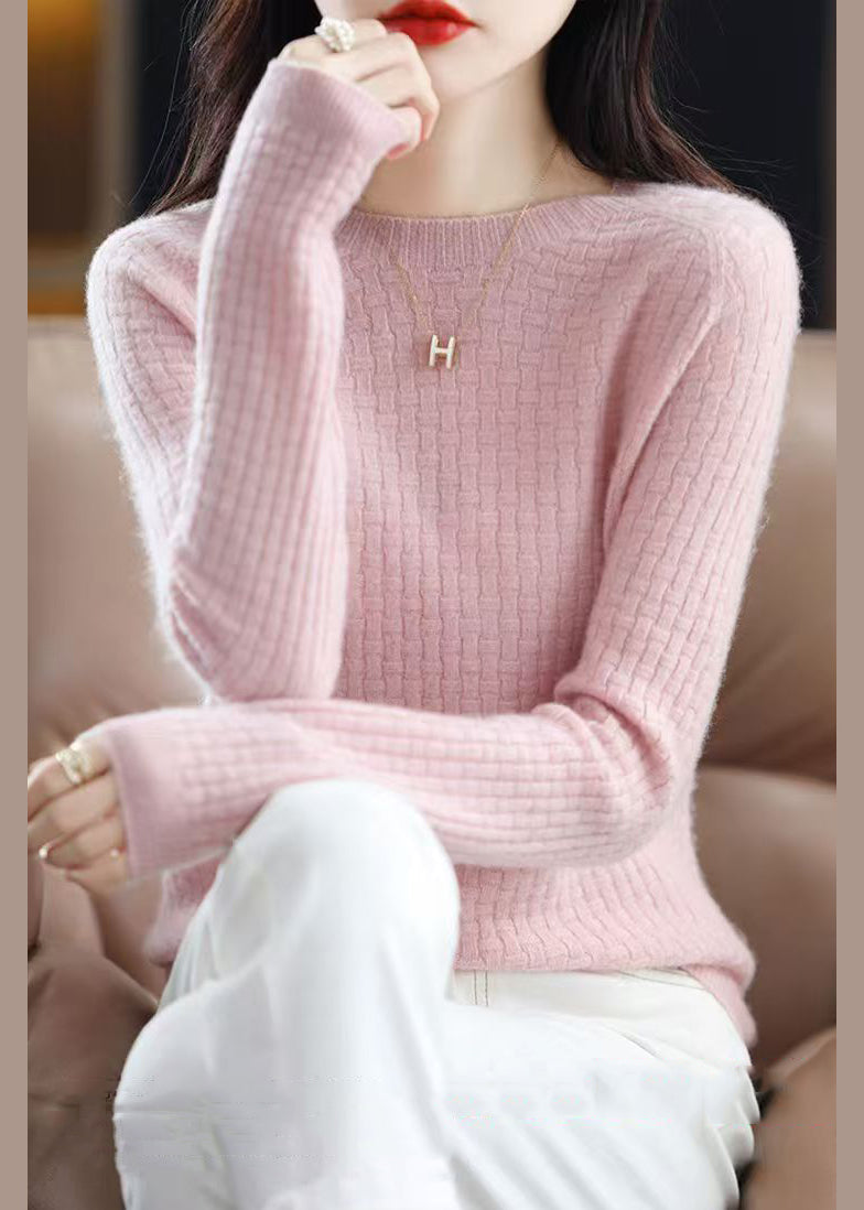 Beautiful Pink O Neck Solid Cotton Knit Sweaters Fall QI016