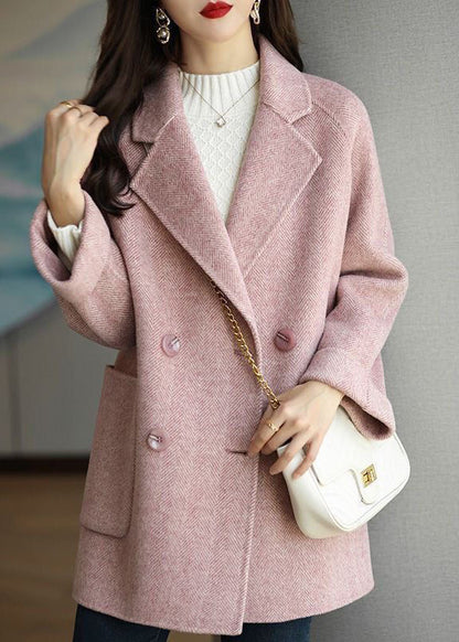 Beautiful Pink Peter Pan Collar Double Breast Pockets Woolen Coat Winter RS025