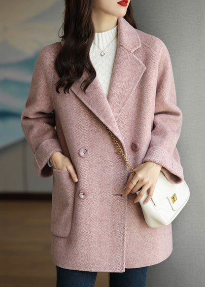 Beautiful Pink Peter Pan Collar Double Breast Pockets Woolen Coat Winter RS025