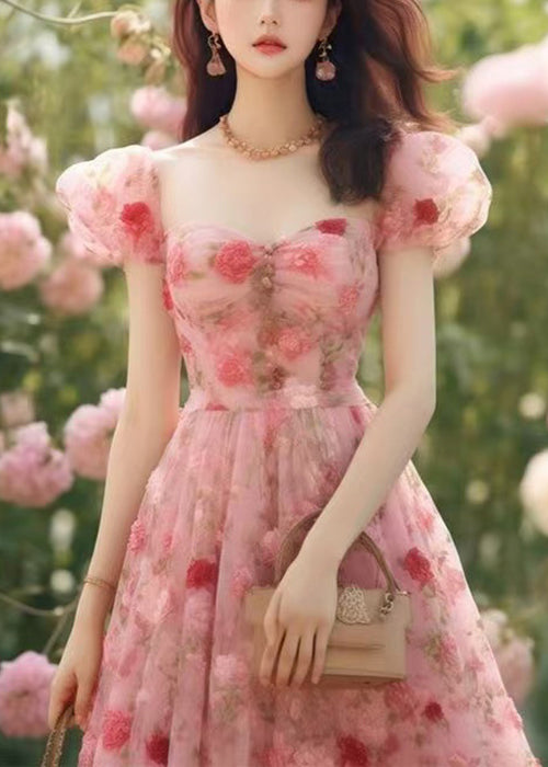 Hohe Lange Sommer Rosa Chiffon Kleid Druck Taille Schöne