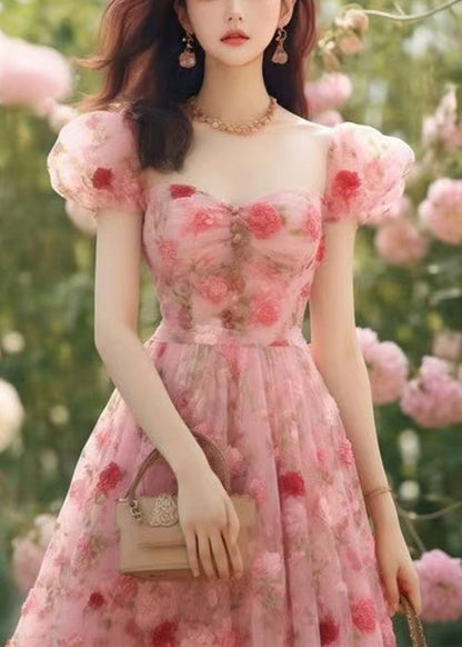Hohe Lange Sommer Rosa Chiffon Kleid Druck Taille Schöne