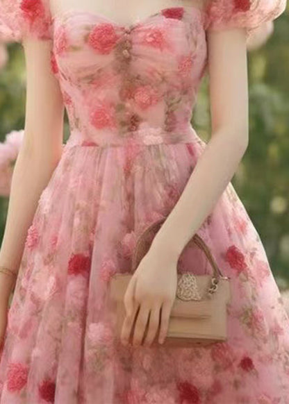 Hohe Lange Sommer Rosa Chiffon Kleid Druck Taille Schöne