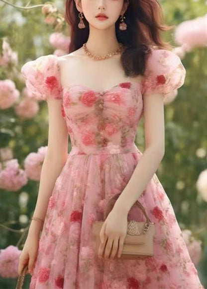 Hohe Lange Sommer Rosa Chiffon Kleid Druck Taille Schöne