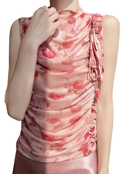 Lace Print Tulle Up Sleeveless Pink Wrinkled Beautiful Tops