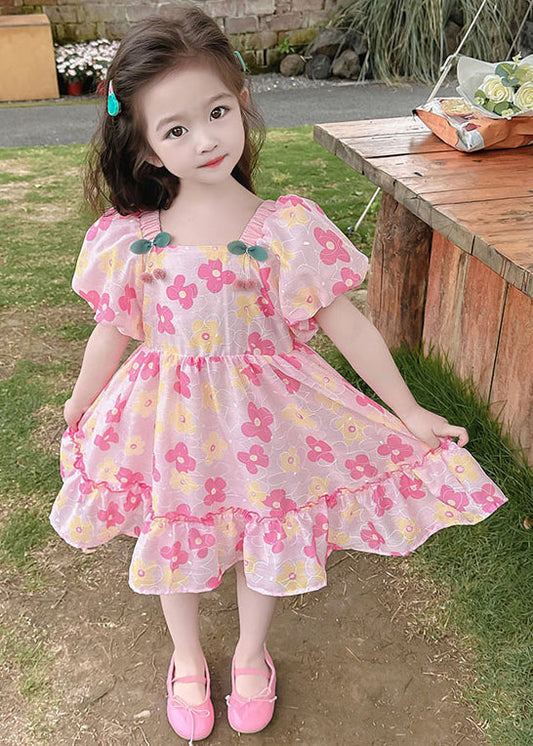 Schönes rosa Rüschendruck-Baumwoll-Baby-Mädchen-Kleid Sommer TT019