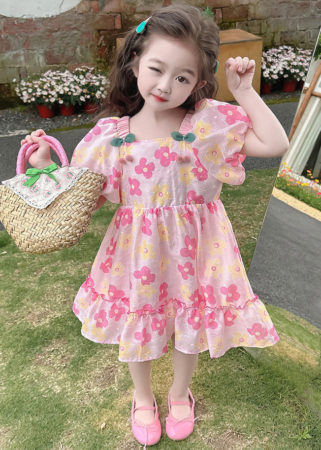 Schönes rosa Rüschendruck-Baumwoll-Baby-Mädchen-Kleid Sommer TT019