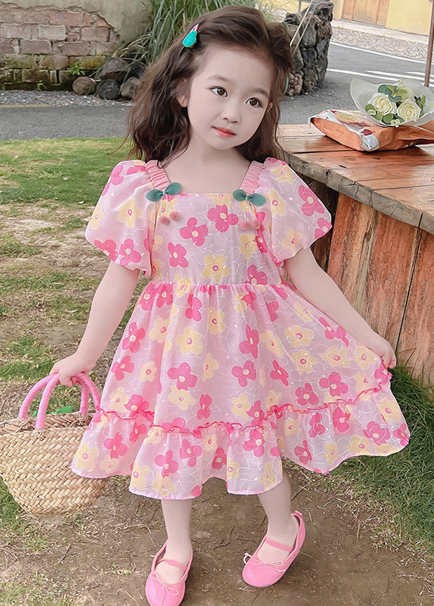 Schönes rosa Rüschendruck-Baumwoll-Baby-Mädchen-Kleid Sommer TT019