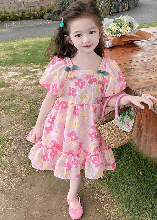 Schönes rosa Rüschendruck-Baumwoll-Baby-Mädchen-Kleid Sommer TT019