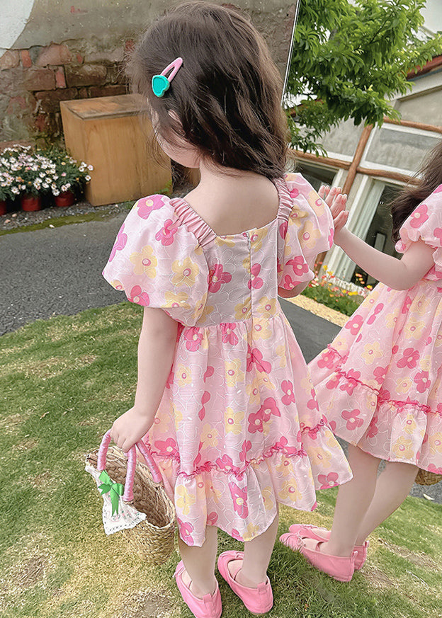 Schönes rosa Rüschendruck-Baumwoll-Baby-Mädchen-Kleid Sommer TT019