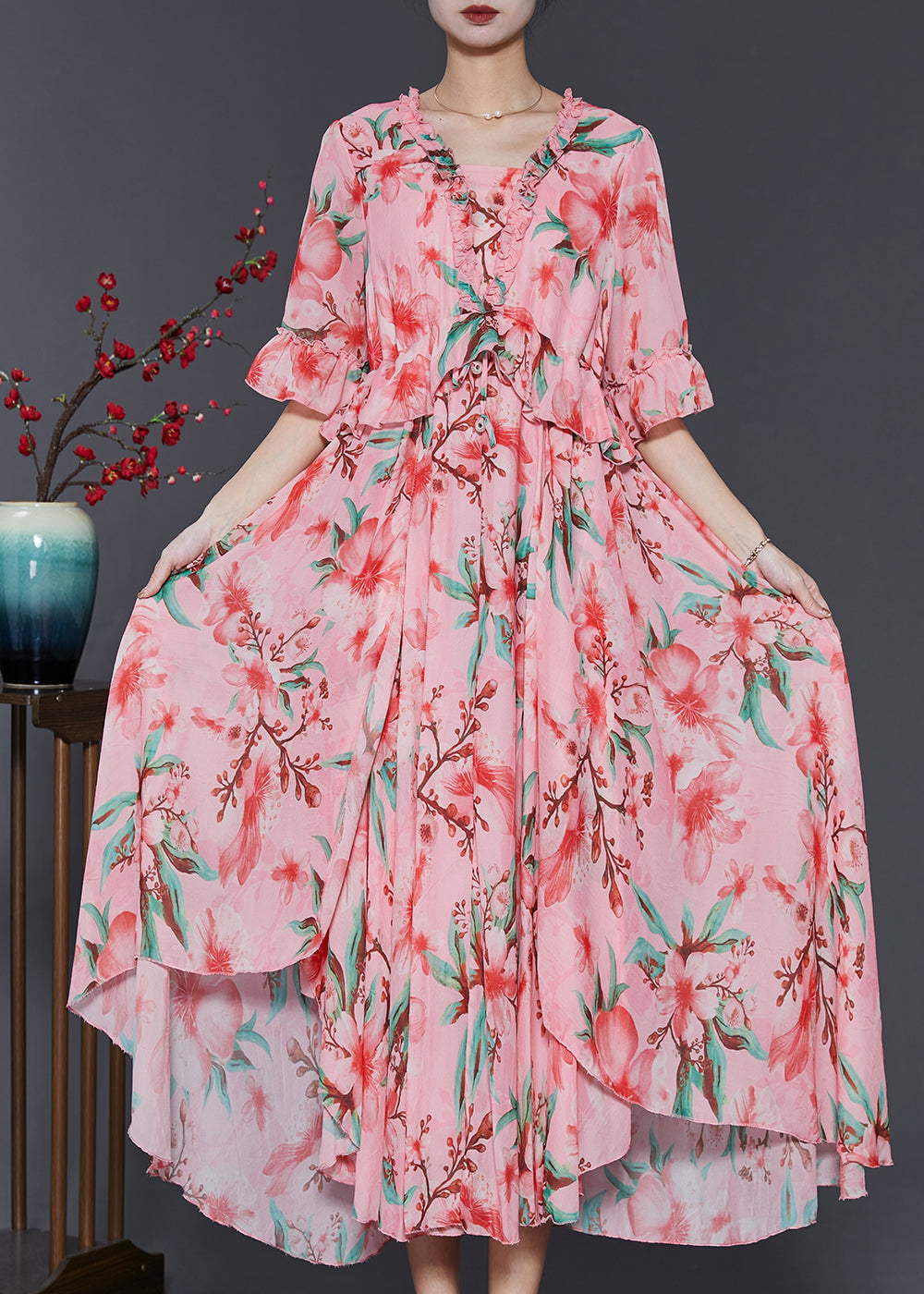 Wunderschönes rosa Chiffonkleid mit Rüschendruck und extra großem Saum, Sommer, SD1086