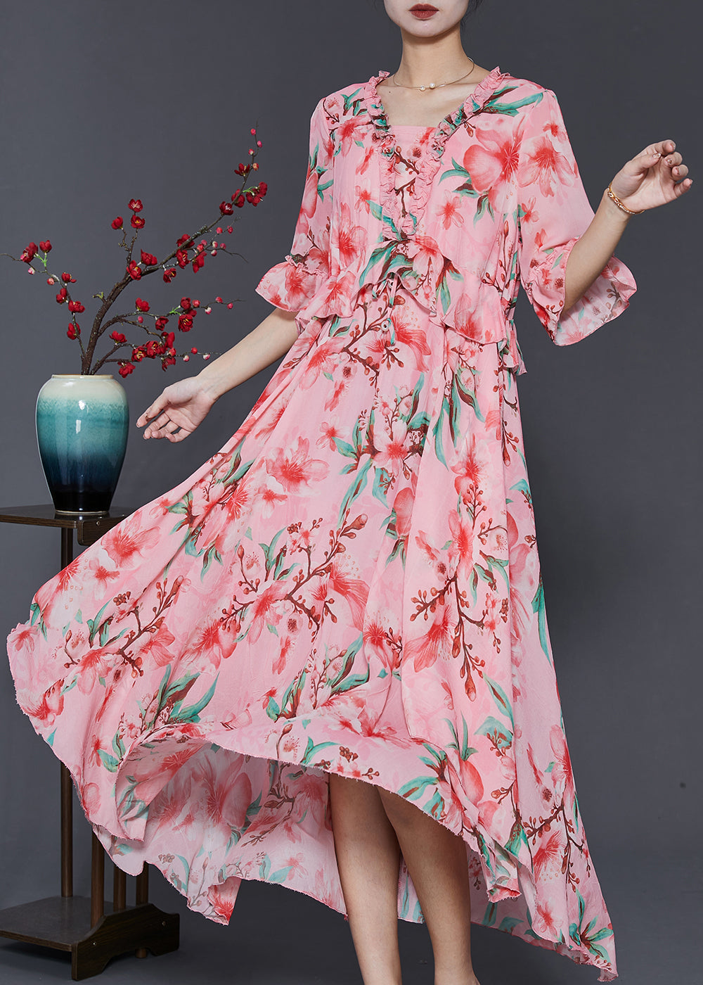 Wunderschönes rosa Chiffonkleid mit Rüschendruck und extra großem Saum, Sommer, SD1086